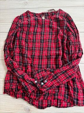 LOFT Red and Black Plaid Long Sleeve Blouse